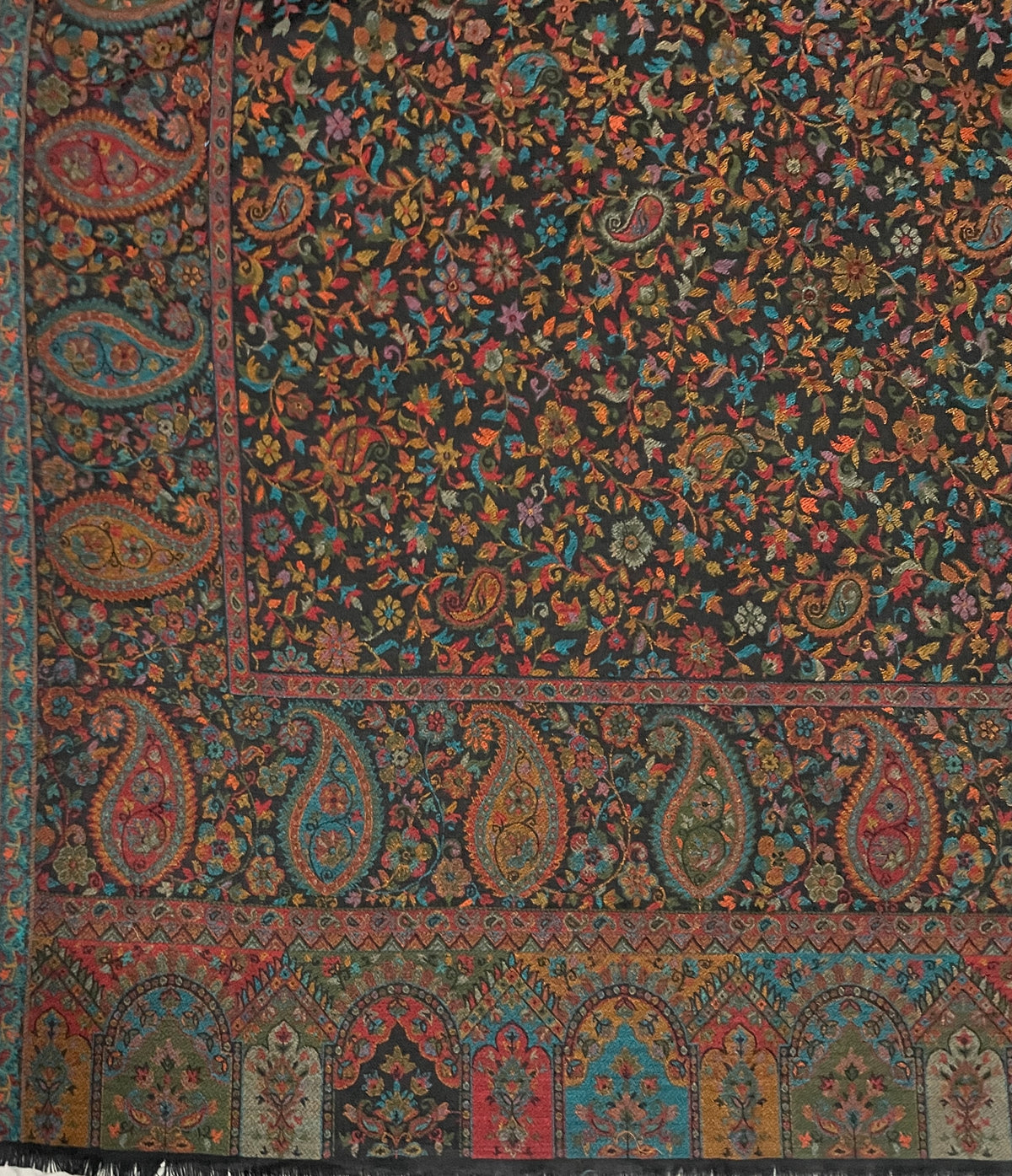 Men’s black Kani Jaal shawl with multicolor paisley and floral weave by The Amritsar Store