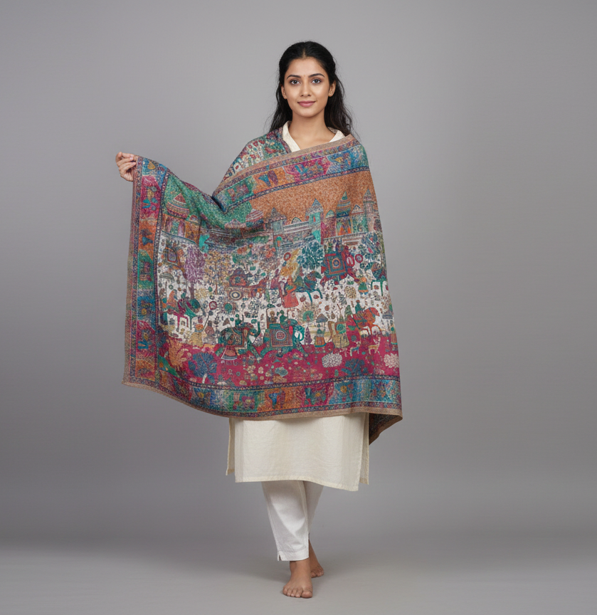 Kani shawl with Mughal Darbar palace, royal procession, and garden motifs in intricate multicolor story weave by The Amritsar Store