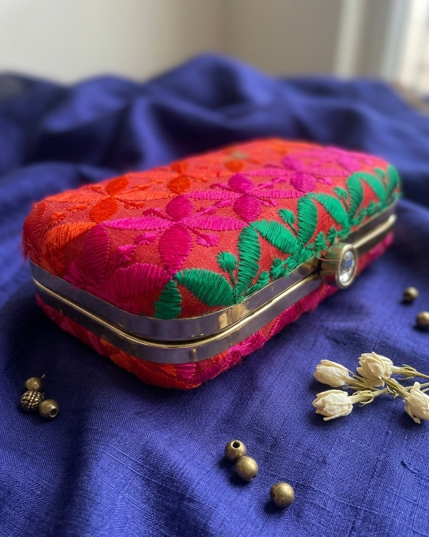 The Amritsar Store Multicolor Phulkari Embroidery Metal Frame Clutch with Traditional Punjabi Phulkari Fabric Design
