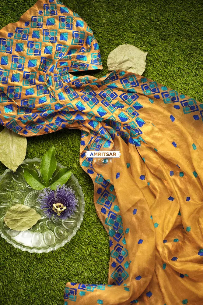 The Amritsar Store Phulkari Saree – Hand Embroidered with Blue Thread on Mustard Color Fabric