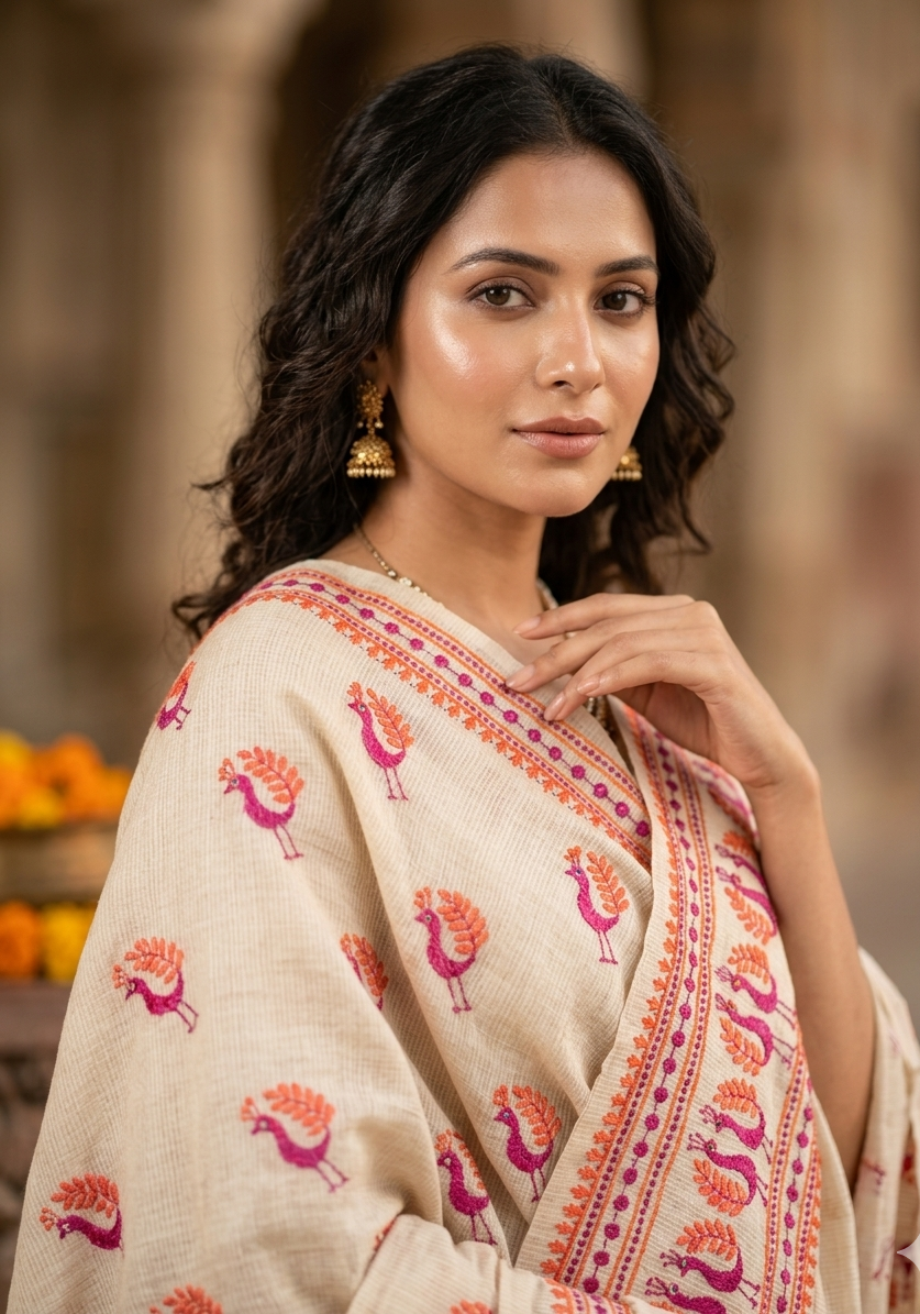 Off White Kota Doria Phulkari Dupatta for Women with Hand Embroidered Traditional Punjabi Floral Design