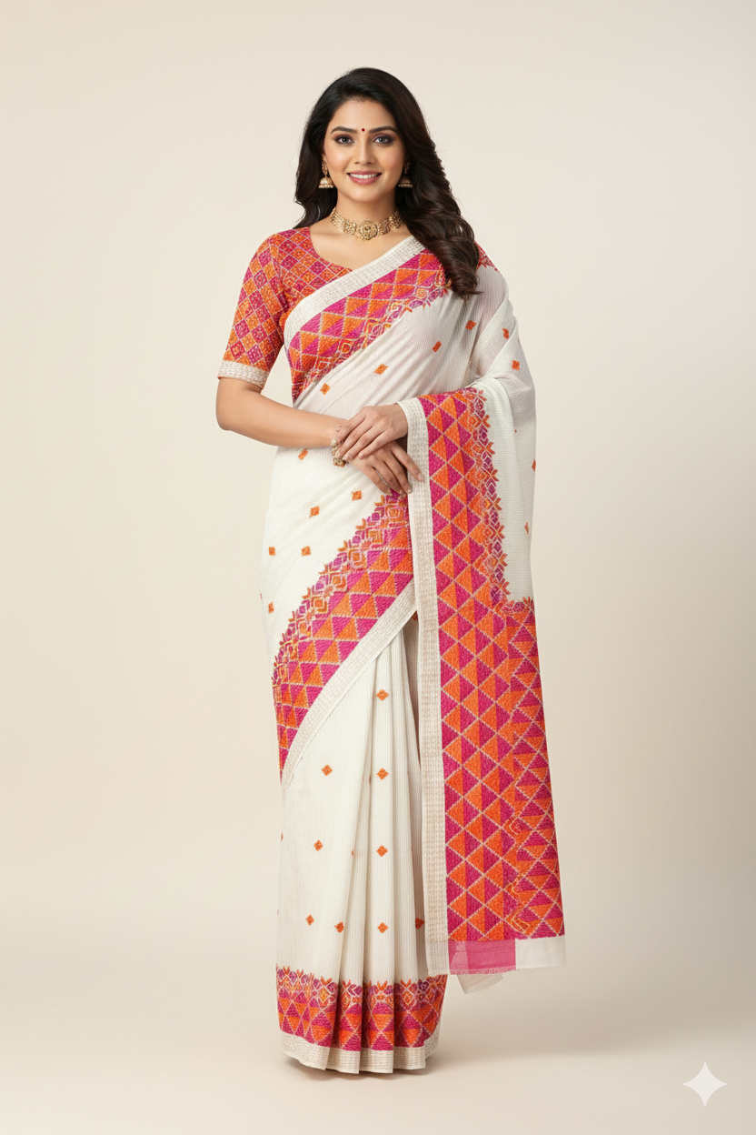 The Amritsar Store Phulkari Saree – Hand Embroidered Traditional Design in Elegant Off-White Color