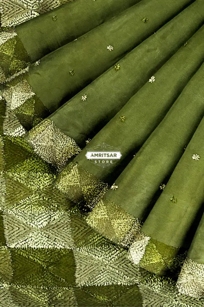 The Amritsar Store Phulkari Saree – Hand Embroidered Traditional Design in Olive Green Colo