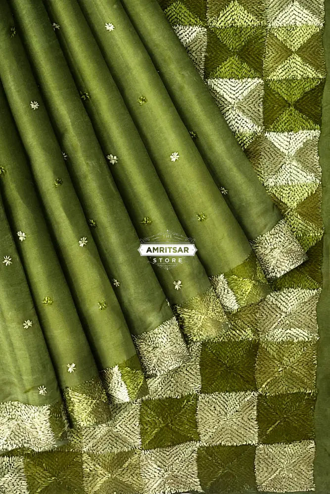 The Amritsar Store Phulkari Saree – Hand Embroidered Traditional Design in Olive Green Colo