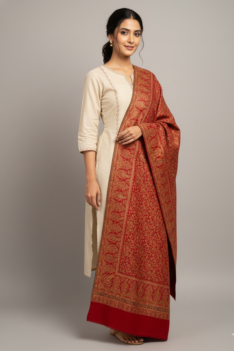 "The Amritsar Store Fine Wool Jaal Weave Shawl – Intricate Paisley Design