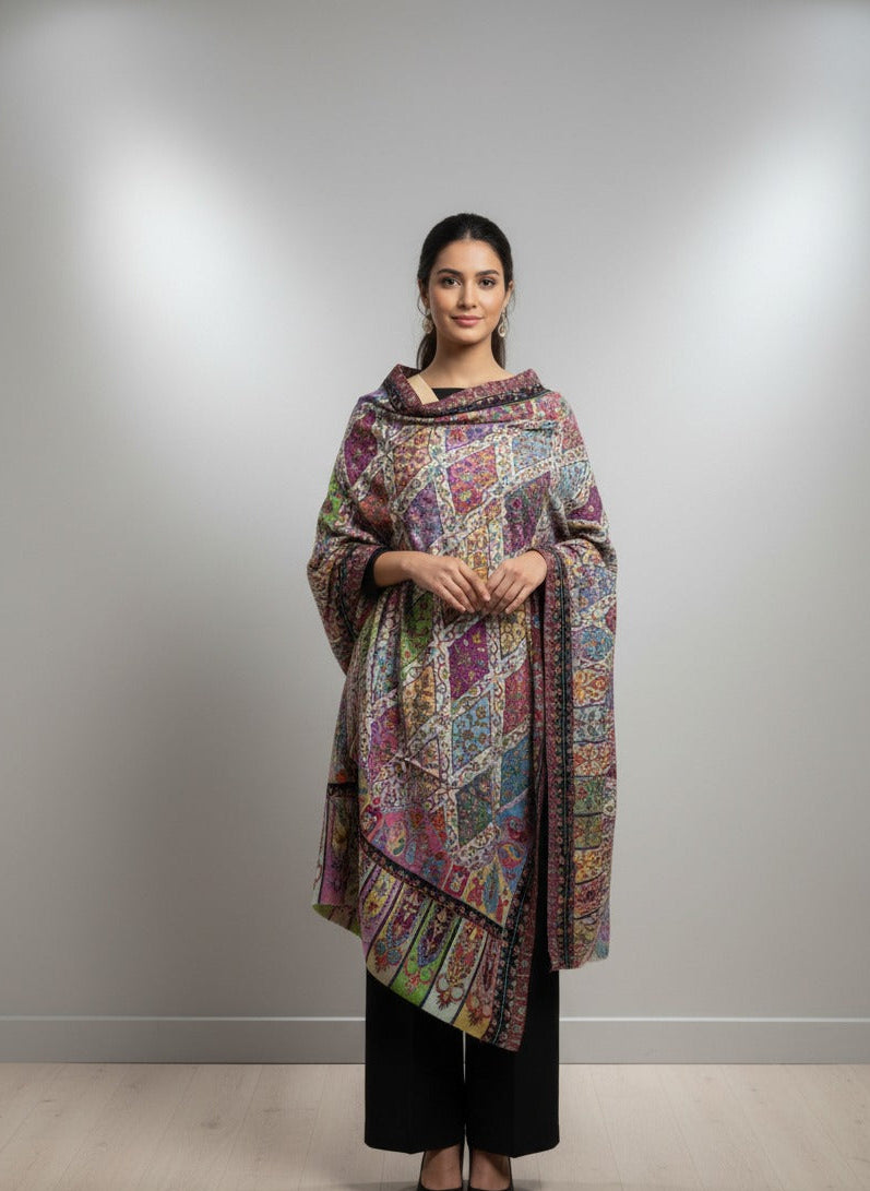 The Amritsar Store Pashmina Kalamkari Shawl – Hand Embroidered Multicolor Kashmiri Wool Shawl for Women