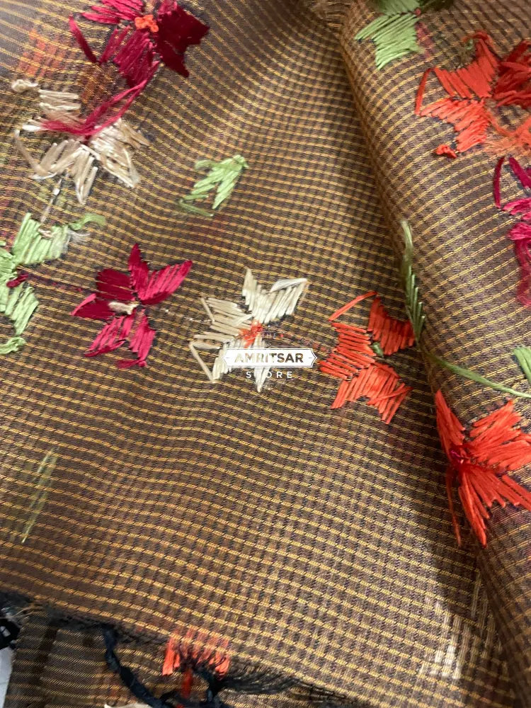 Phulkari Hand Embroidered Dupatta With Multricolor on Brown Phulkari