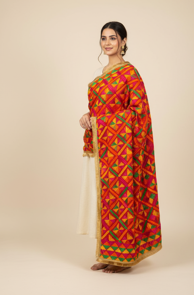 The Amritsar Store Phulkari Dupatta – Beautiful Hand Embroidered Traditional Design