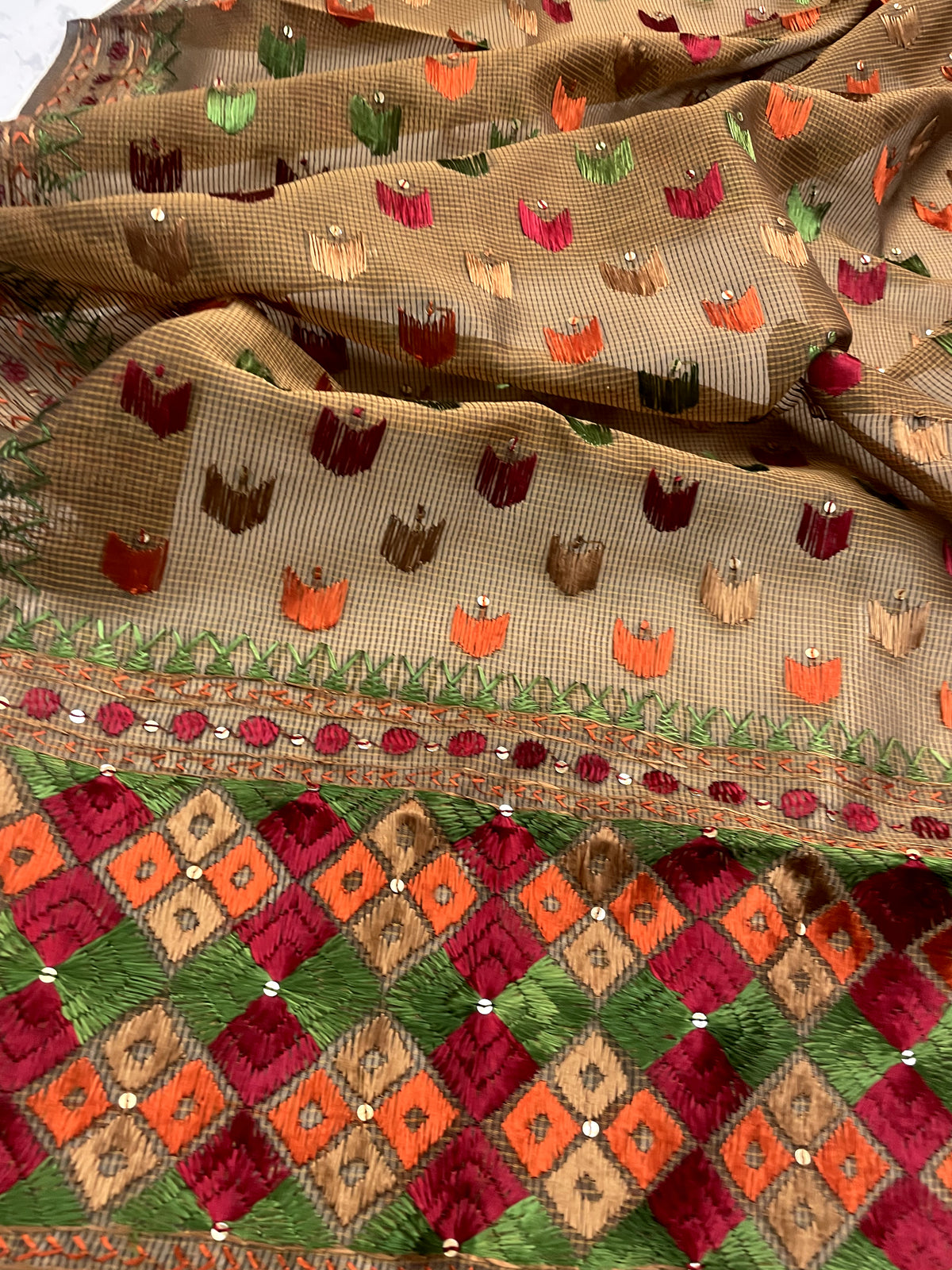 Hand embroidered Phulkari dupatta for women with traditional Punjabi embroidery by