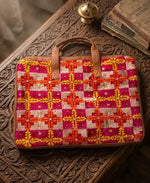 Multicolor Red Phulkari Padded Laptop Bag with Mirror Work and Dual Side Handles by The Amritsar Store