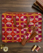 Multicolor Red Phulkari Padded Laptop Bag with Mirror Work and Dual Side Handles by The Amritsar Store