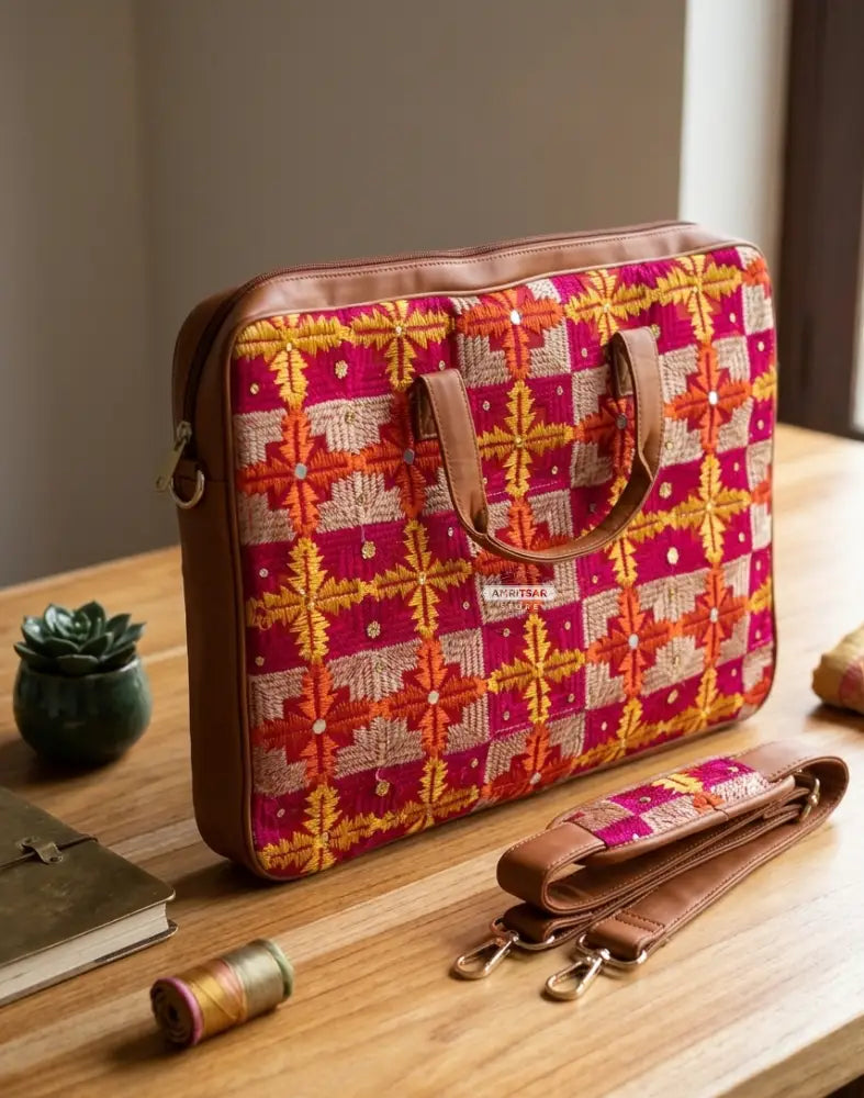 Multicolor Red Phulkari Padded Laptop Bag with Mirror Work and Dual Side Handles by The Amritsar Store