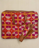 Multicolor Red Phulkari Padded Laptop Bag with Mirror Work and Dual Side Handles by The Amritsar Store