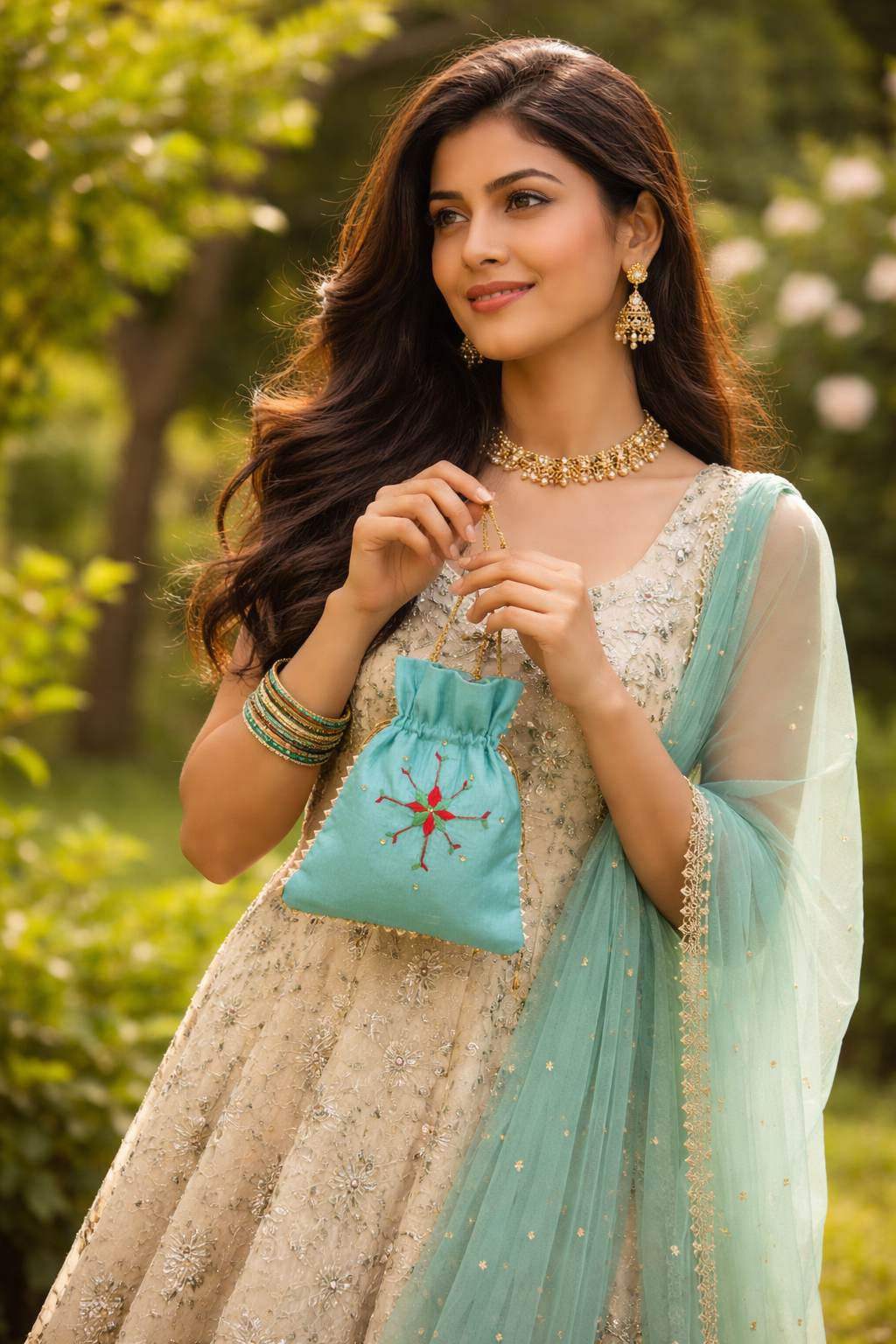 The Amritsar Store Phulkari embroidered potli bag with golden lace, handmade Punjabi traditional ethnic clutch for women