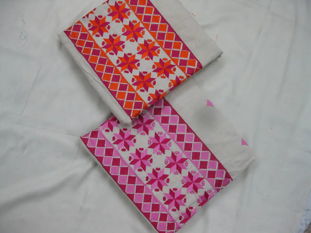 Phulkari Geometric Floral Embroidered Unstitched Suit Set with Dupatta by The Amritsar Store, traditional Punjabi embroidered dress material for women