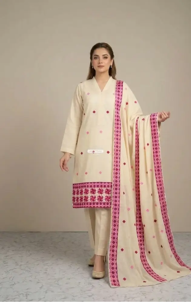 Phulkari Geometric Floral Embroidered Unstitched Suit Set with Dupatta by The Amritsar Store, traditional Punjabi embroidered dress material for women