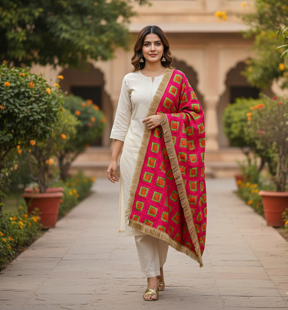 The Amritsar Store Phulkari dupatta with traditional hand embroidery in vibrant Punjabi floral motifs