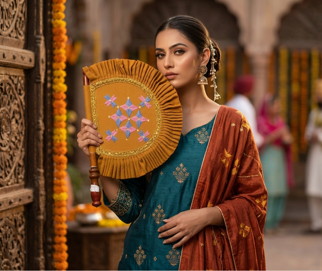 Handcrafted Phulkari hand fan pankhi with vibrant red base and multicolor floral embroidery by The Amritsar Store, showcasing traditional Punjabi artistry