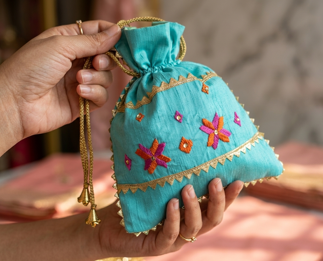 Phulkari hand embroidered potli bag with traditional floral design and golden lace detailing