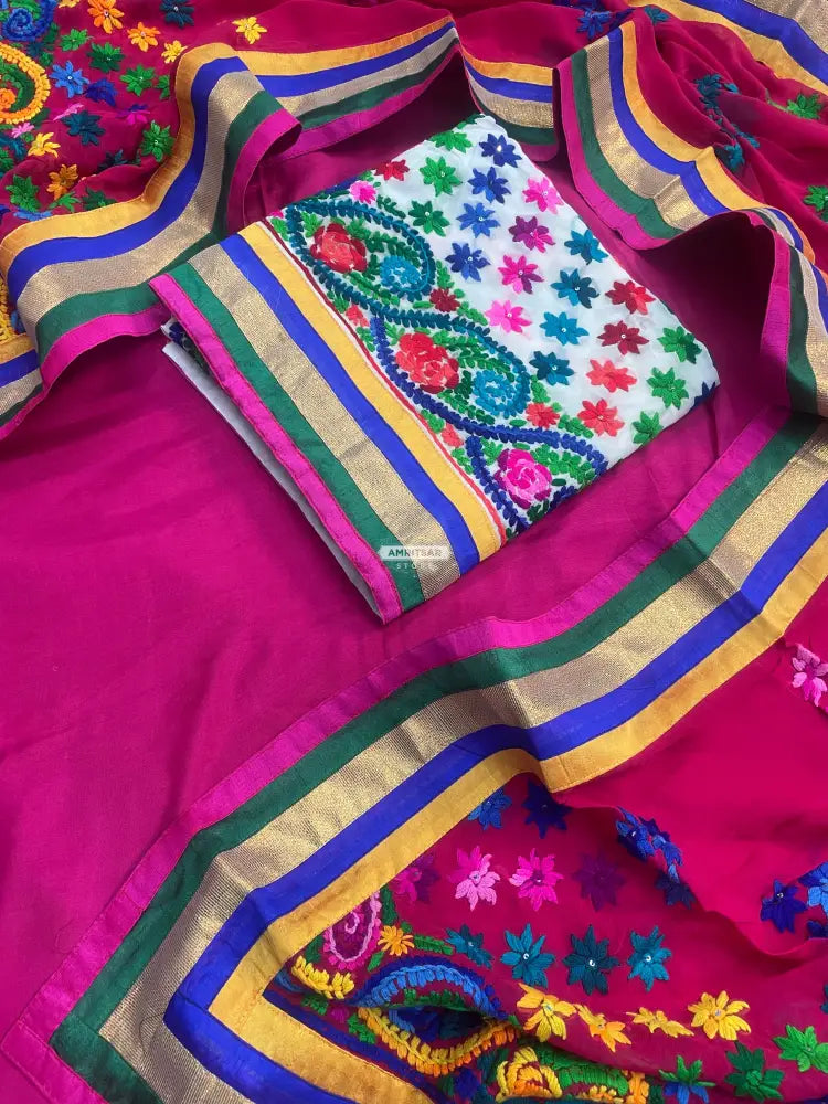 The Amritsar Store handcrafted Phulkari suit with vibrant traditional embroidery, unstitched Punjabi ethnic wear with dupatta for women