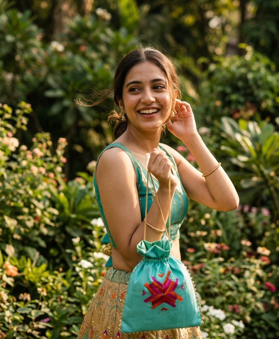 Handcrafted Phulkari Potli Bag by The Amritsar Store featuring vibrant Punjabi embroidery, perfect for weddings, festive occasions, and ethnic wear styling.