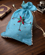 Green Phulkari Potli Bag for Women with Hand Embroidery, Traditional Punjabi Handmade Ethnic Drawstring Bag