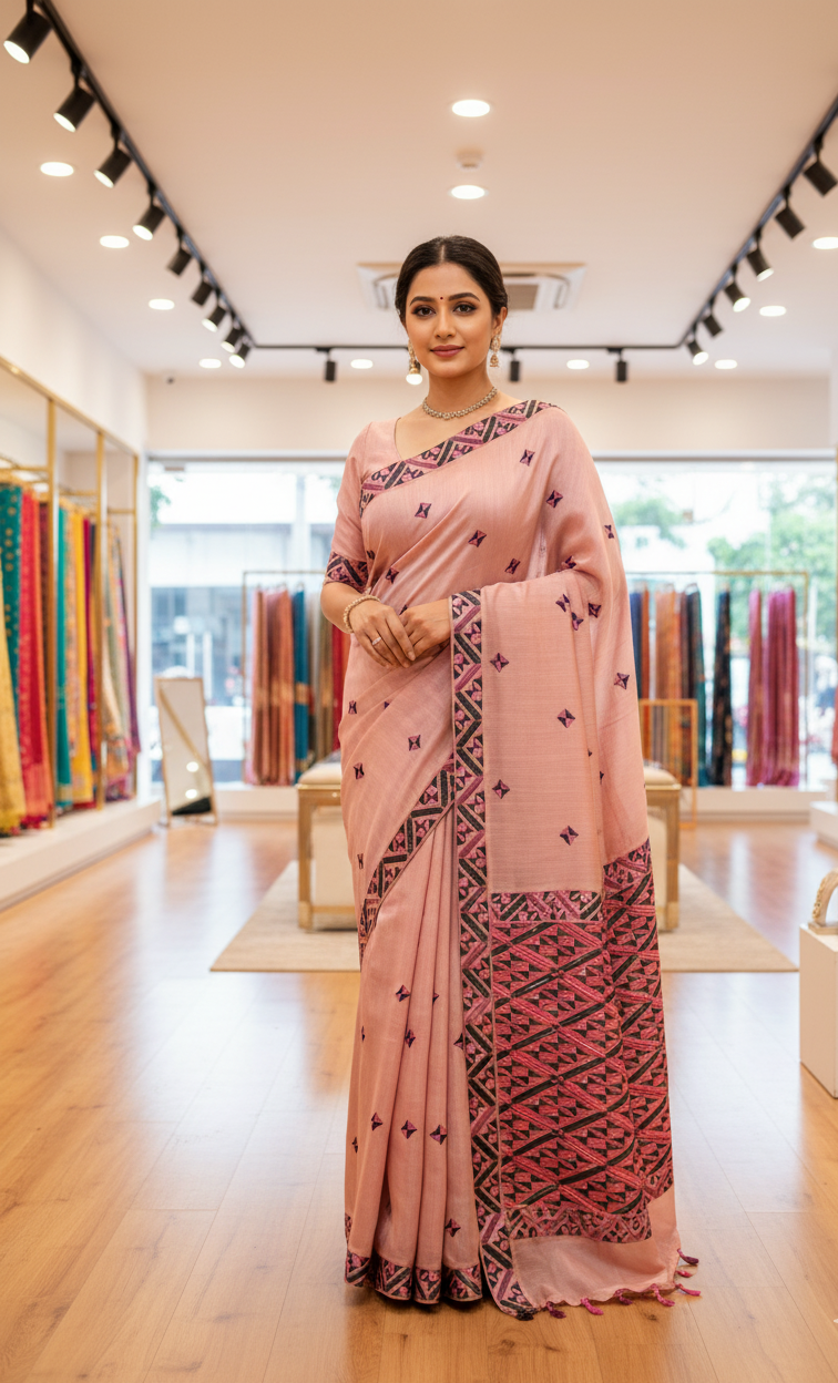 The Amritsar Store Phulkari Saree – Hand Embroidered Traditional Design on Elegant Pink Fabric
