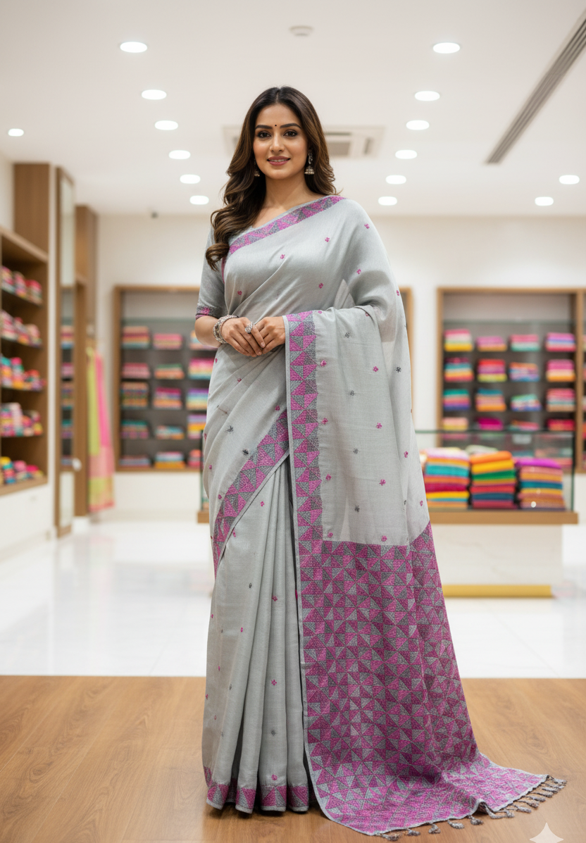 The Amritsar Store Phulkari Saree – Hand Embroidered with Multicolor Threads on Elegant Grey Chinnon Chiffon Fabric