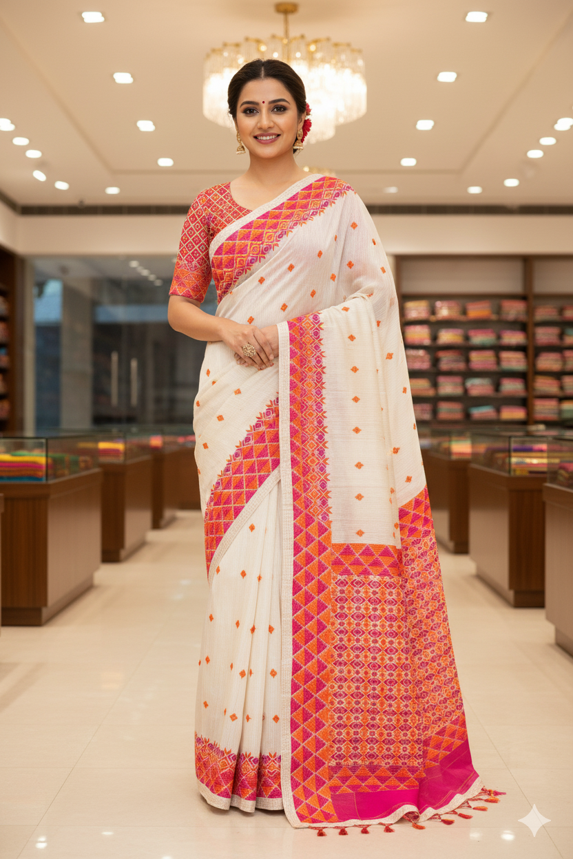 The Amritsar Store Phulkari Saree – Hand Embroidered Traditional Design in Elegant Off-White Color