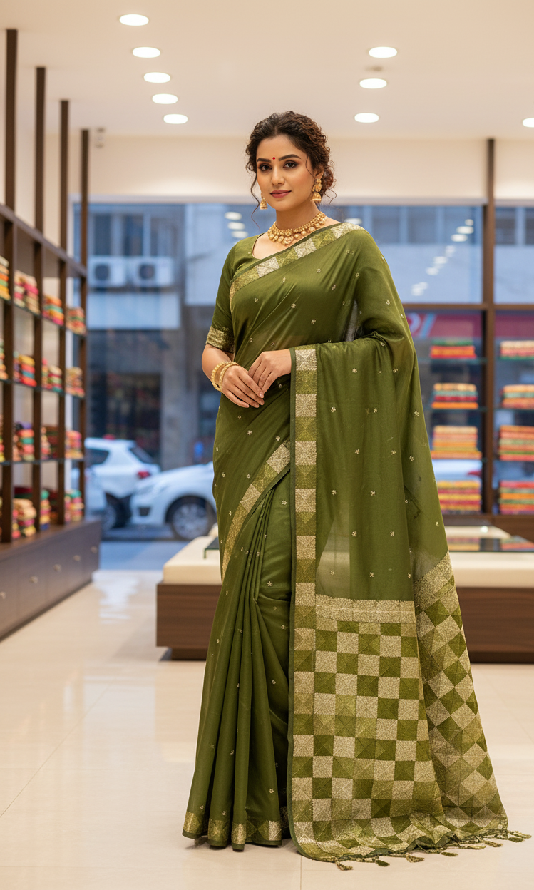 The Amritsar Store Phulkari Saree – Hand Embroidered Traditional Design in Olive Green Color