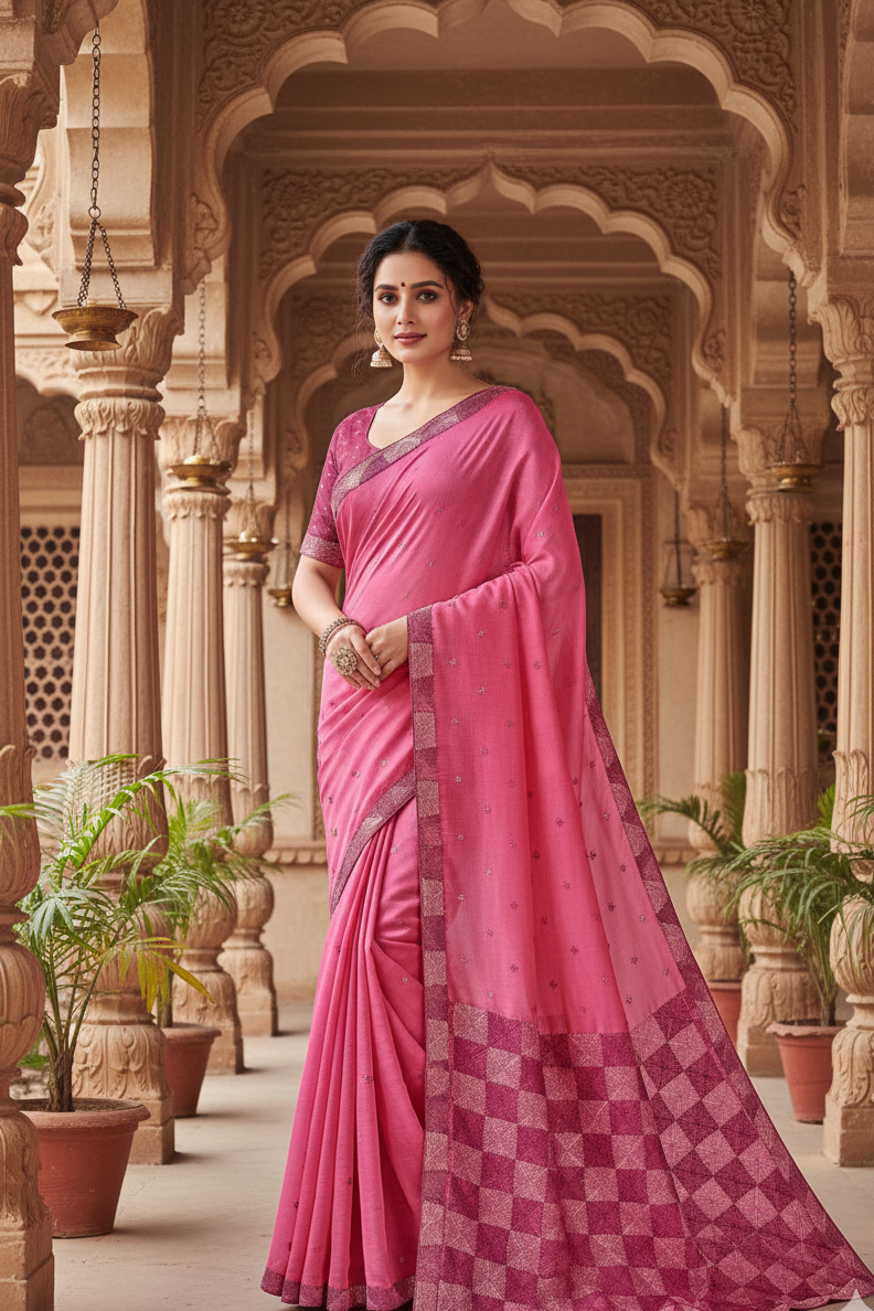 The Amritsar Store Phulkari Saree – Hand Embroidered Traditional Design in Pink Color