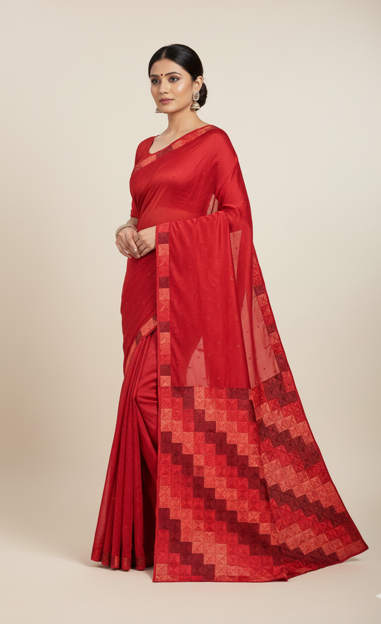 The Amritsar Store Phulkari Saree – Hand Embroidered Red Chinnon Chiffon, Traditional Punjabi Ethnic Attire