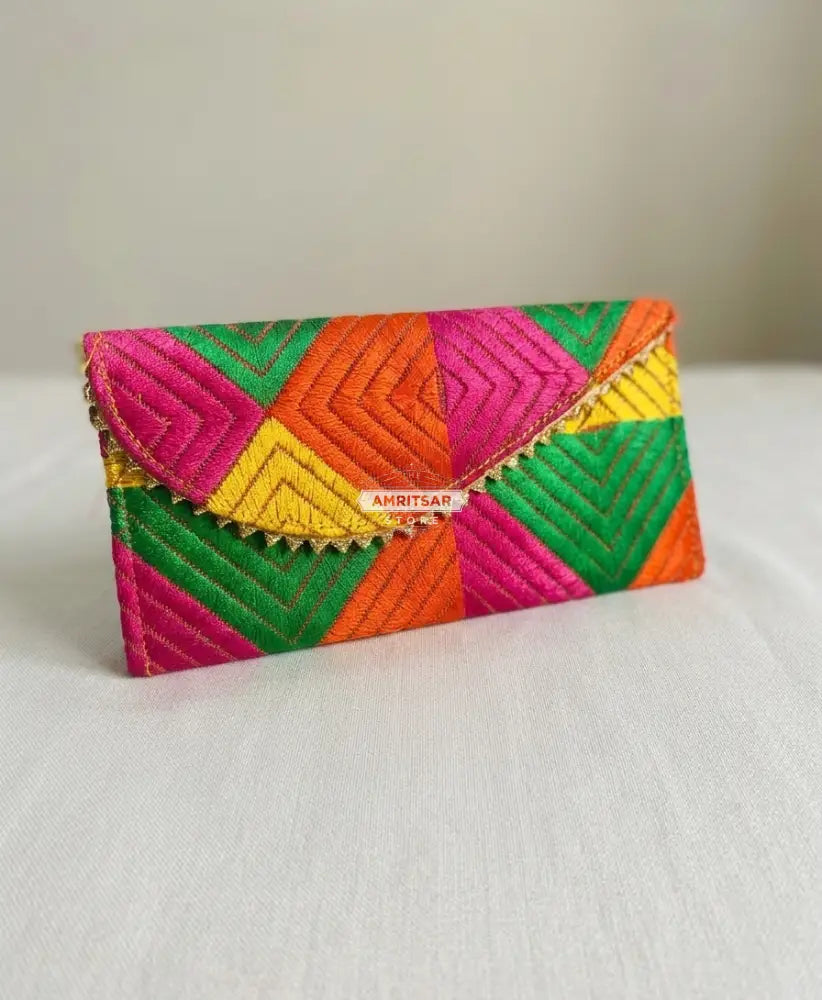 The Amritsar Store Multicolor Phulkari Shagun Envelope Punjabi Embroidered Shagun Lifafa for Wedding Gifts