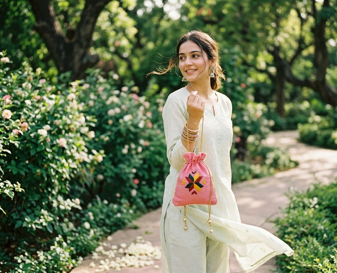 Traditional Punjabi pink potli bag with golden lace and detailed embroidery