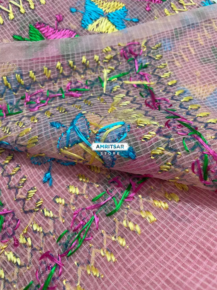 The Amritsar Store Phulkari Dupatta – Hand Embroidered Traditional Design in Pink Color