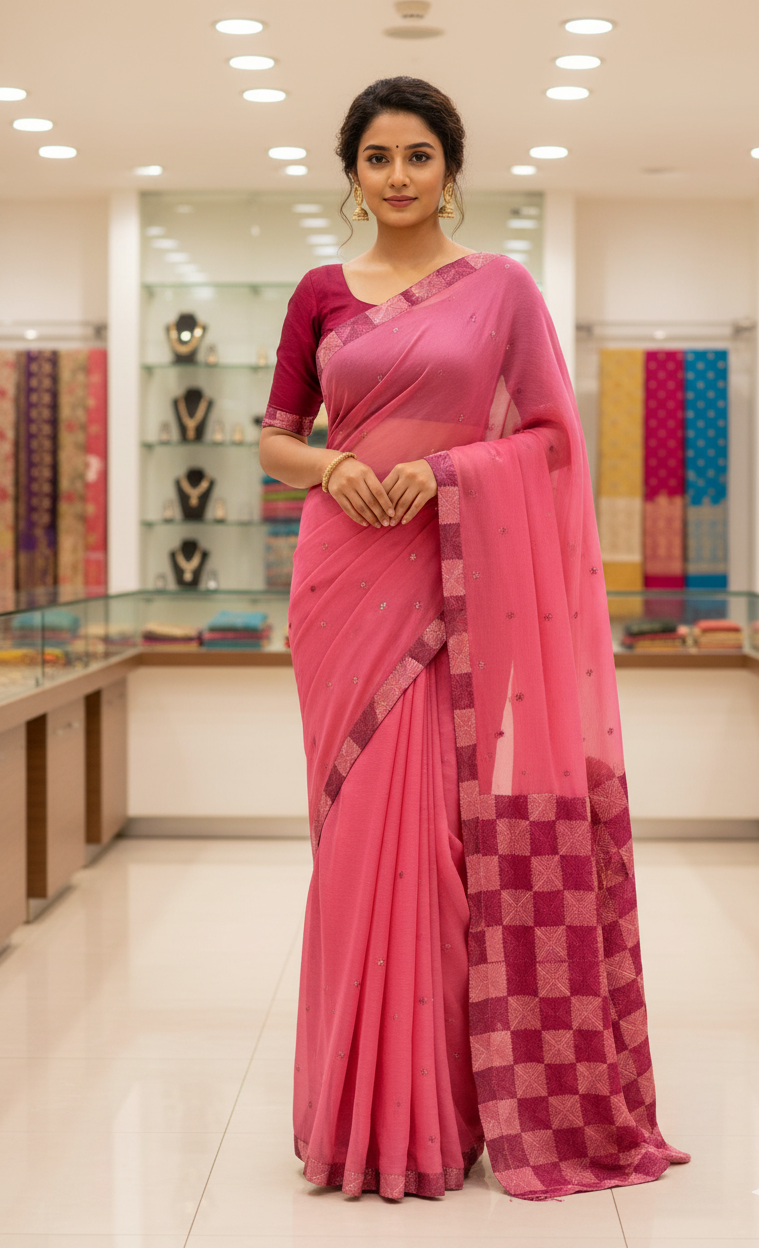 The Amritsar Store Phulkari Saree – Hand Embroidered Traditional Design in Pink Color