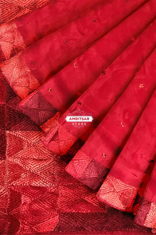 The Amritsar Store Phulkari Saree – Hand Embroidered Red Chinnon Chiffon, Traditional Punjabi Ethnic Attire