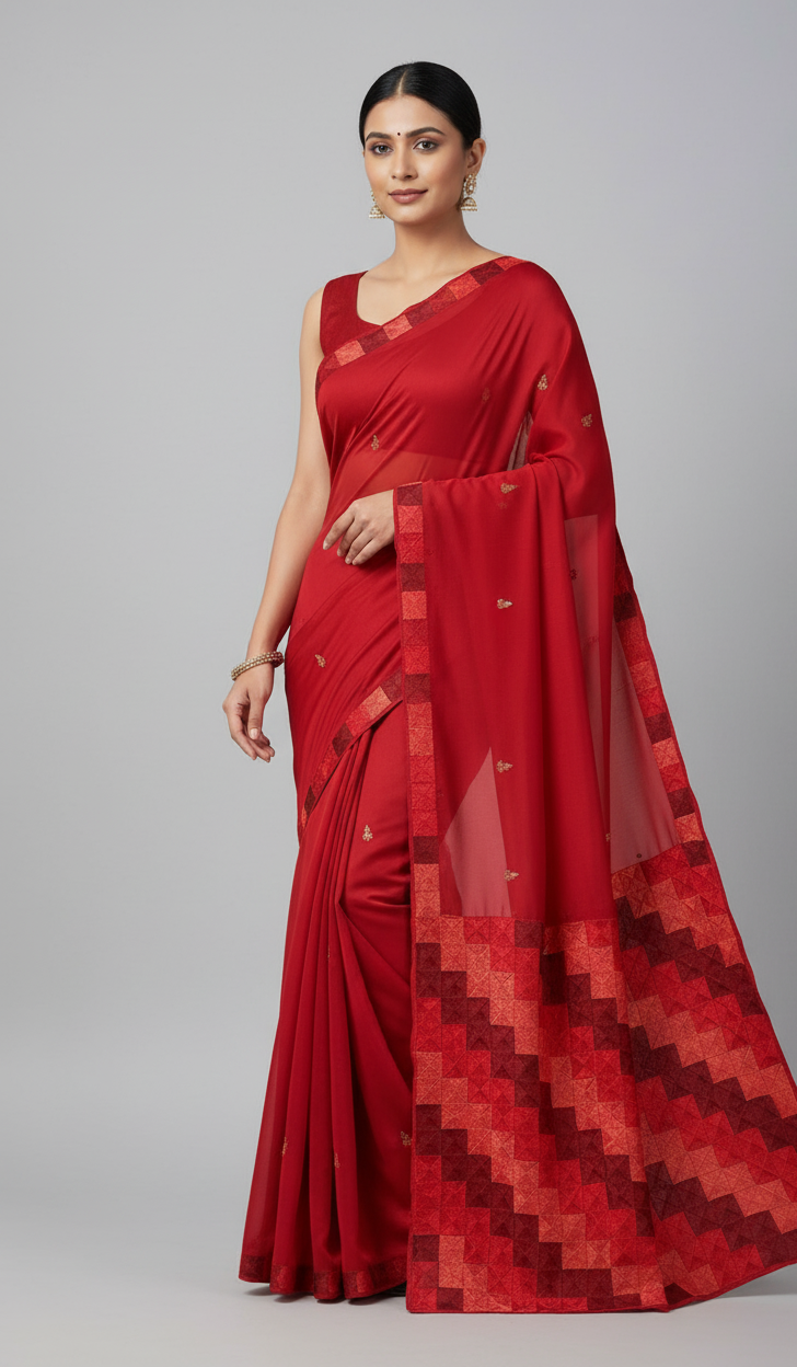 The Amritsar Store Phulkari Saree – Hand Embroidered Red Chinnon Chiffon, Traditional Punjabi Ethnic Attire