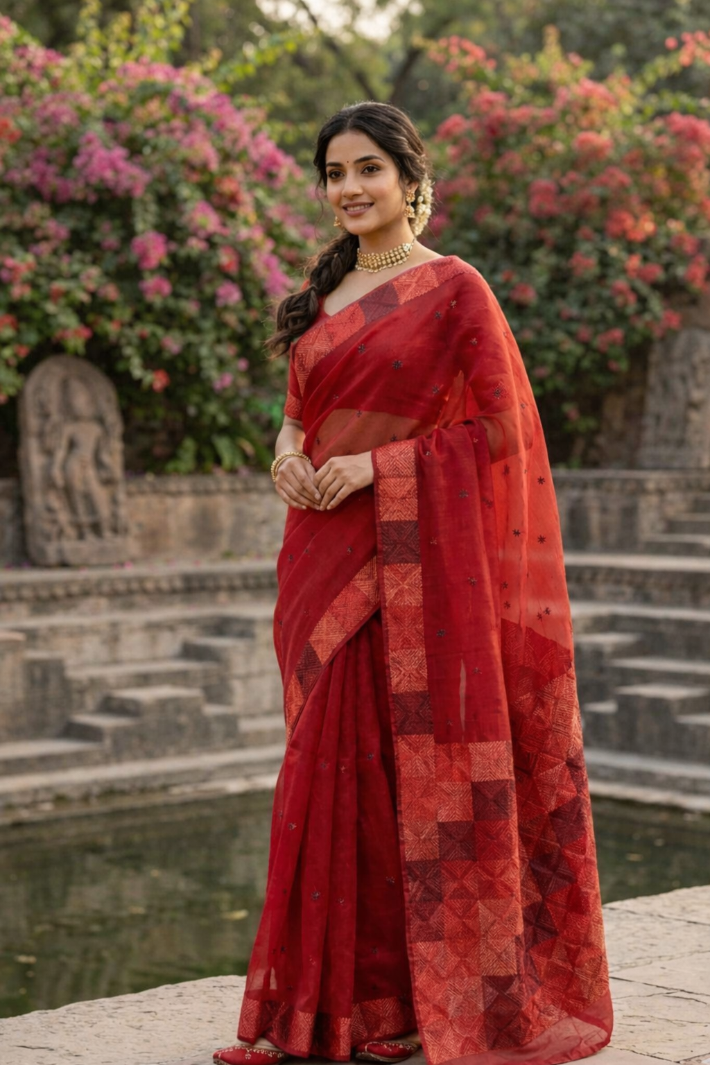 The Amritsar Store Phulkari Saree – Hand Embroidered Red Chinnon Chiffon, Traditional Punjabi Ethnic Attire