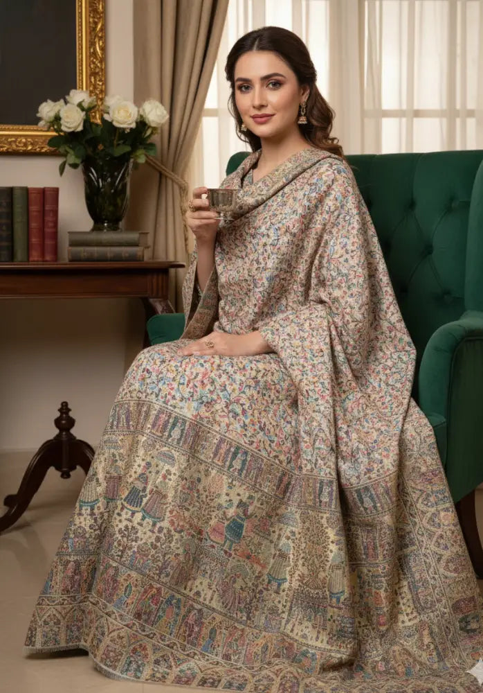 The Amritsar Store Royal Heritage Scene Shawl for women featuring intricate Mughal darbar motifs and delicate floral jaal weave, showcasing traditional Indian craftsmanship.