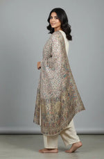 The Amritsar Store Royal Heritage Scene Shawl for women featuring intricate Mughal darbar motifs and delicate floral jaal weave, showcasing traditional Indian craftsmanship.
