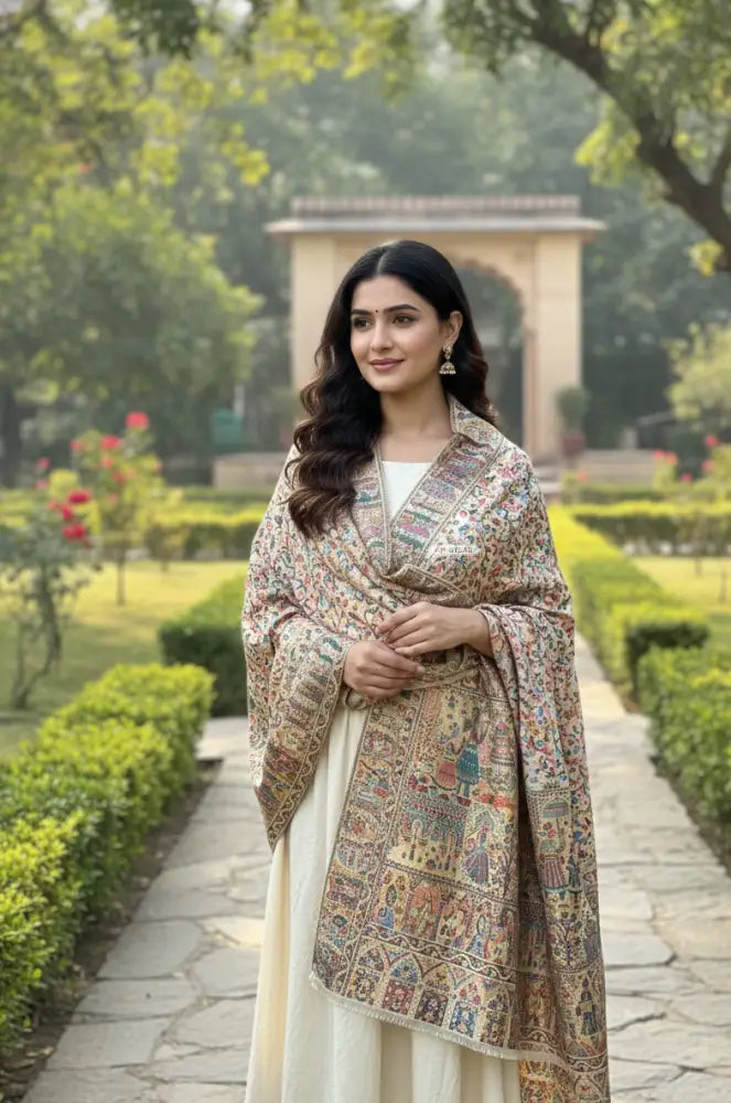 The Amritsar Store Royal Heritage Scene Shawl for women featuring intricate Mughal darbar motifs and delicate floral jaal weave, showcasing traditional Indian craftsmanship.