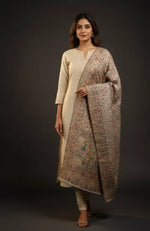The Amritsar Store Royal Heritage Scene Shawl for women featuring intricate Mughal darbar motifs and delicate floral jaal weave, showcasing traditional Indian craftsmanship.