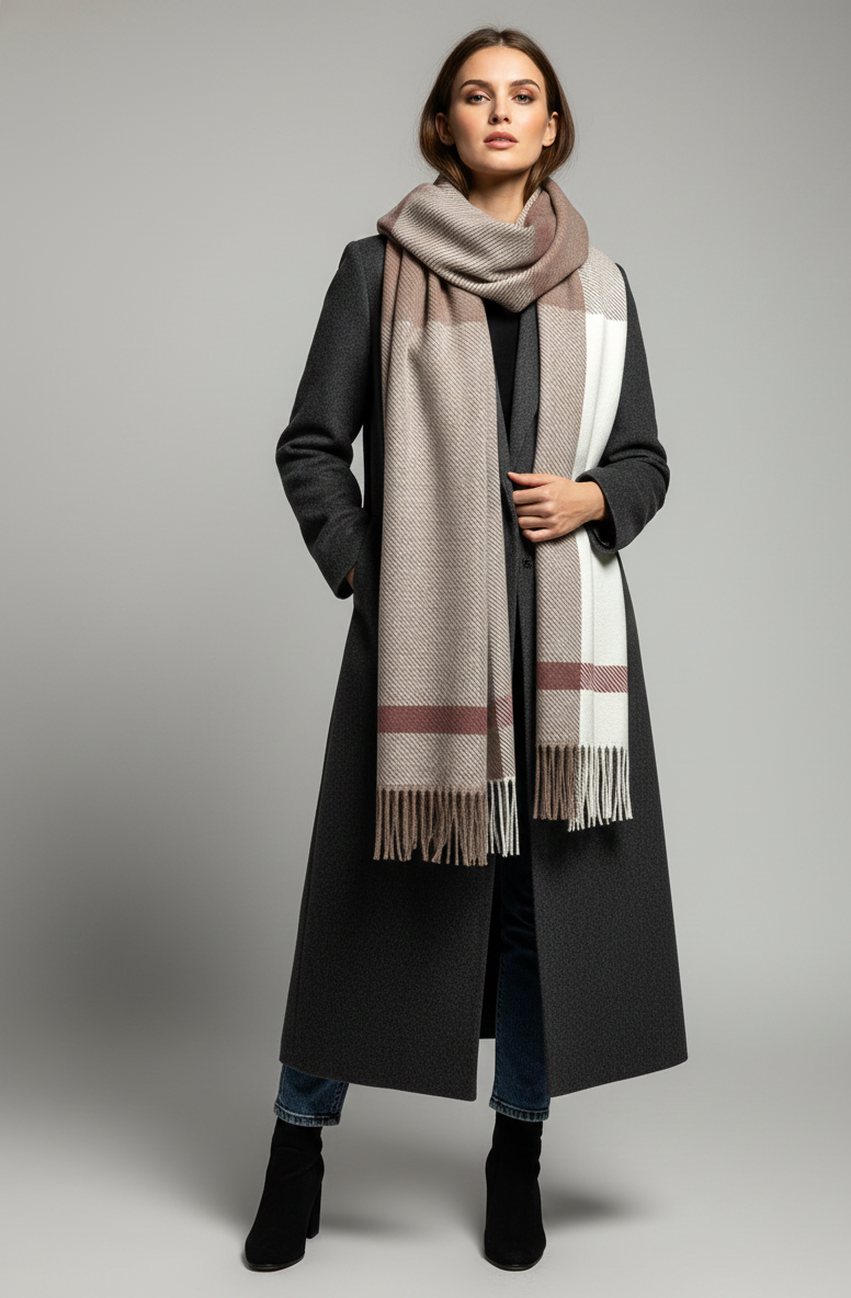 The Amritsar Store Classic Taupe & Ivory Check Wool Scarf – Soft Warm Winter Scarf for Women”