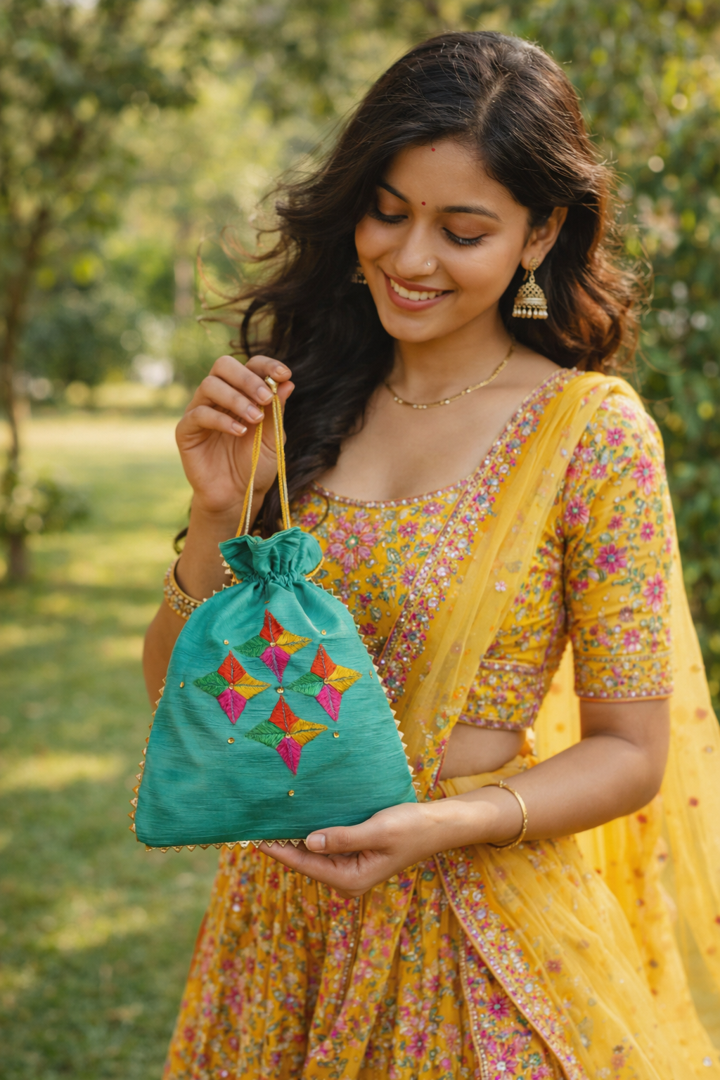 Handcrafted teal Phulkari embroidered potli bag with multicolor geometric floral design, golden lace border, and drawstring closure, traditional Punjabi ethnic accessory