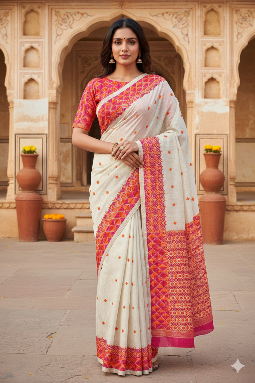 The Amritsar Store Phulkari Saree – Hand Embroidered Traditional Design in Elegant Off-White Color