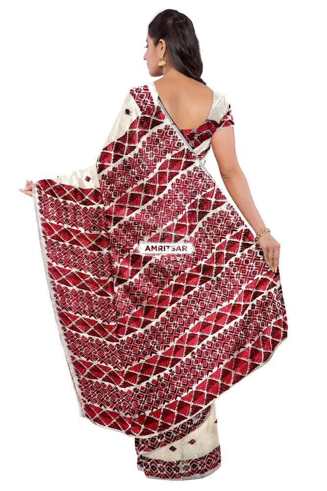 The Amritsar Store Phulkari Saree – Hand Embroidered Off-White Fabric with Red and Maroon Accents