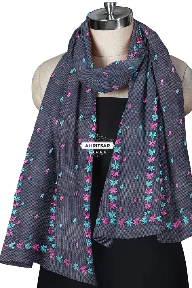 The Amritsar Store Phulkari Dupatta – Hand Embroidered Traditional Design in Navy Blue Color