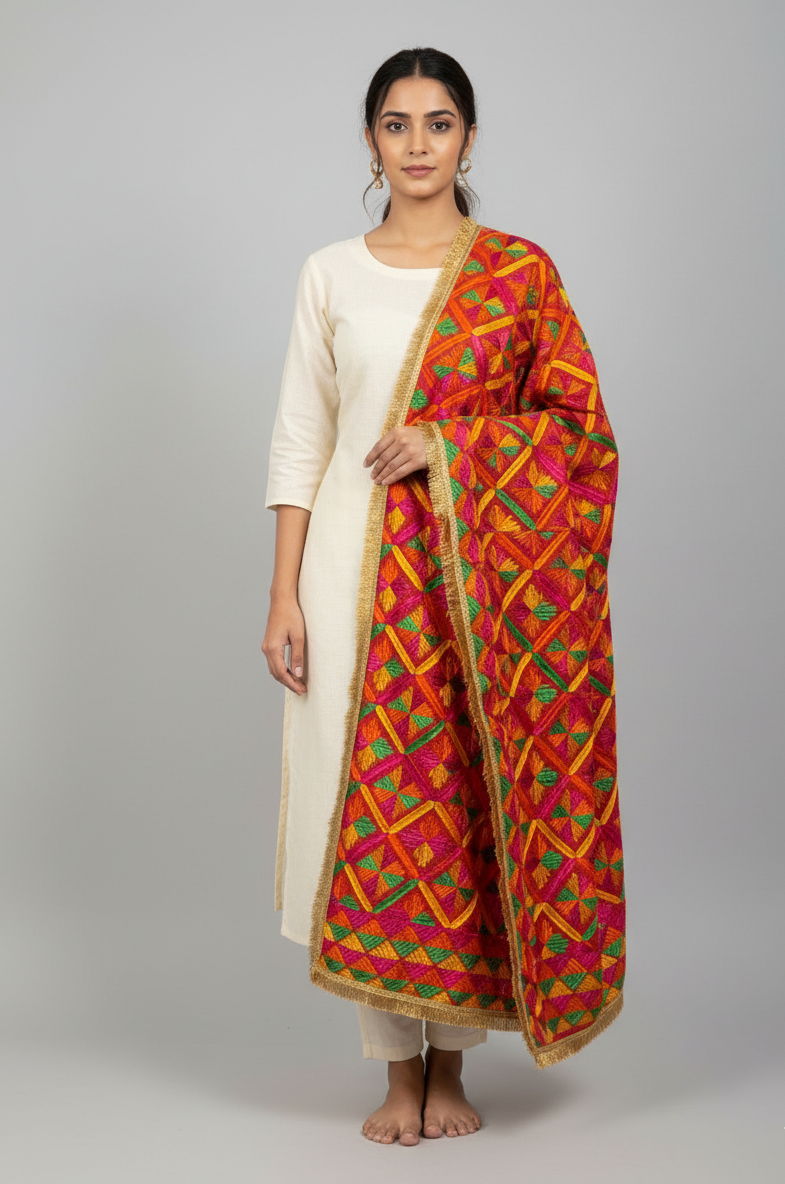 The Amritsar Store Phulkari Dupatta – Beautiful Hand Embroidered Traditional Design