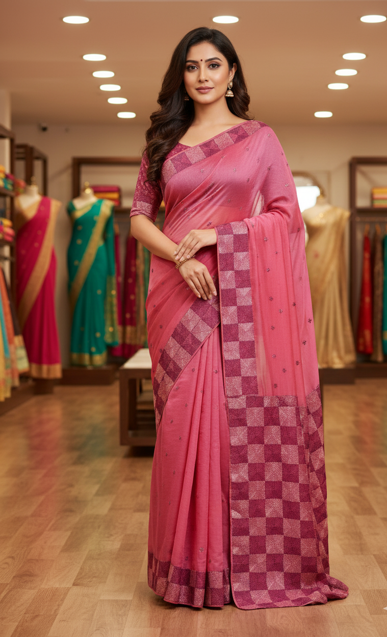 The Amritsar Store Phulkari Saree – Hand Embroidered Traditional Design in Pink Color